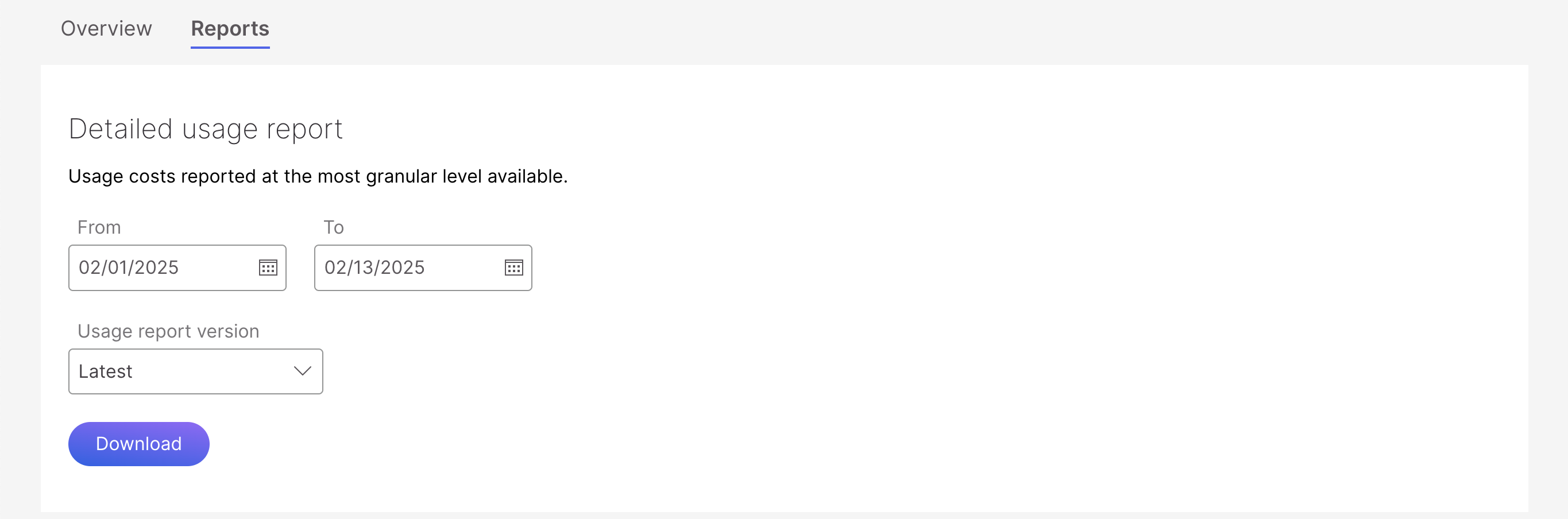 A form to choose a start date, end date, and report type before downloading a CSV-formatted usage report.